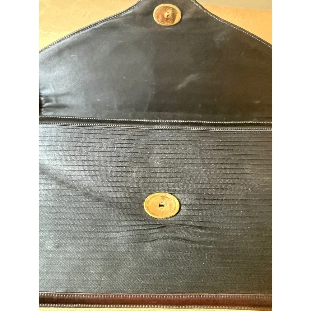 Lederer de Paris Vintage Black Pleated Silk Envelope Clutch Brown Leather Trim